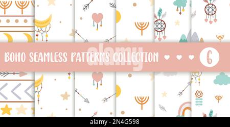 Ensemble de décorations boho vectorielles. Collection Bohemian Seamless Patterns avec squiggles, flèches, croissant de lune. Pack d'arrière-plans à répétition libre et sauvage. Réf Illustration de Vecteur