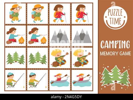 Cartes de jeu de mémoire de camp d'été Vector avec de mignons enfants de randonnée et la nature. Activité d'appariement de Camping. Rappelez-vous et trouvez la carte correcte. Simple prin de la faune Illustration de Vecteur