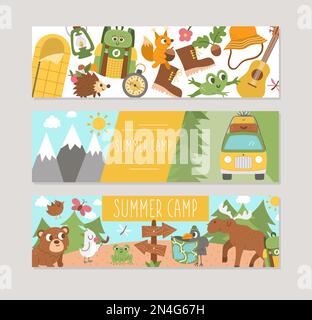 Jeu de cartes horizontales de camp d'été avec animaux de la forêt mignons, éléments de camping et minibus. Modèles d'impression de voyage vectoriels. Vacances actives ou tourisme local Illustration de Vecteur