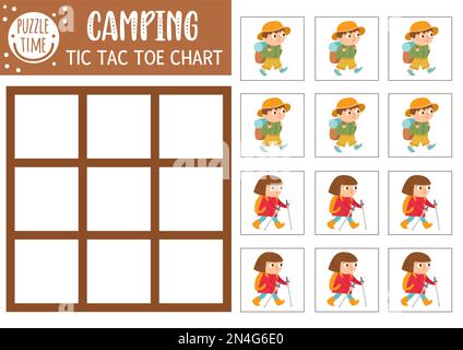 Tableau des orteils Vector Summer camp TIC TAC avec de jolis enfants de randonnée. Terrain de jeu Woodland avec enfants qui marchent. Feuille de travail amusante et imprimable. Campin Illustration de Vecteur