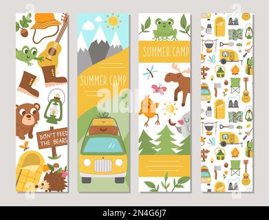 Ensemble mignon de cartes verticales de camp d'été avec animaux de la forêt, éléments de camping et van. Modèles d'impression de voyage de forêt vectorielle. Des vacances actives ou locales Illustration de Vecteur