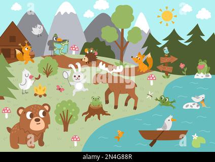 Arrière-plan du camp d'été avec de jolis animaux de la forêt. Scène de forêt vectorielle avec lapin, oiseaux, orignal, arbres, montagnes, rivière. Des vacances actives ou locales à Illustration de Vecteur
