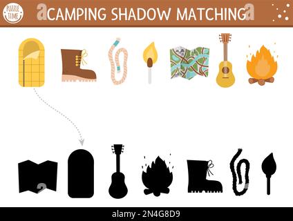 Activité de mise en correspondance des ombres du camp d'été pour les enfants avec de l'équipement de camping kawaii mignon. Casse-tête de voyage en famille avec des objets mignons. Trouvez le bon si Illustration de Vecteur