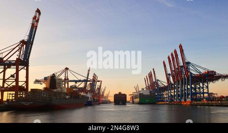 Hambourg, Allemagne. 08th févr. 2023. Le navire à conteneurs Al Jmeliyah de la ligne de transport Hapag-Lloyd quitte le Waltershofer Hafen entre les terminaux à conteneurs Burchardkai (CTA) de HHLA (Hamburger Hafen und Logistik AG) et Eurogate (l). Credit: Christian Charisius/dpa/Alay Live News Banque D'Images