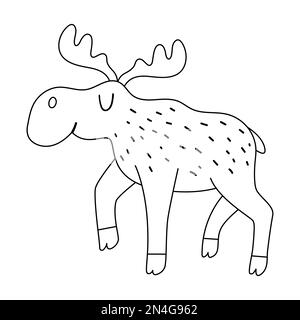 Orignal noir et blanc vectoriel. Drôle d'animal de bois. Illustration de la ligne de forêt mignonne pour les enfants isolés sur fond blanc. Adorable contour de la marche elk Illustration de Vecteur