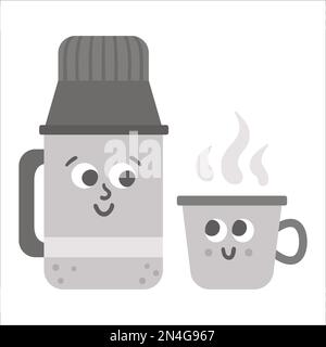Bouteille et tasse Vector kawaii thermos isolées sur fond blanc. Illustration des boissons réchauffantes traditionnelles en hiver ou en camping. Boisson chaude de randonnée ou Illustration de Vecteur