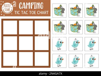 Graphique de la pointe du tac de forêt vectorielle avec de mignons oiseaux. Terrain de jeu Woodland avec animal avec carte. Feuille de travail amusante et imprimable pour les enfants. Camping n Illustration de Vecteur