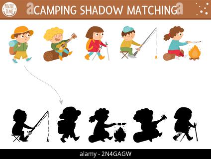 Camp d'été à l'ombre assorti à l'activité avec les enfants mignons. Casse-tête de voyage en famille avec pêche, randonnée, guitare. Trouvez la silhouette correcte Illustration de Vecteur