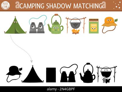 Activité de mise en correspondance des ombres du camp d'été pour les enfants avec de l'équipement de camping kawaii mignon. Casse-tête de voyage en famille avec des objets mignons. Trouvez le bon si Illustration de Vecteur