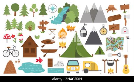 Camp d'été Vector noir et blanc. Collection d'éléments de forêt, de bois et de nature. Le tourisme actif de plein air et les grandes icônes de sport pack avec des arbres, Illustration de Vecteur