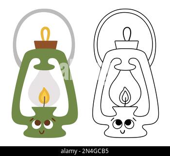 Lanterne de camp de kawaii à vecteur colorée et noire et blanche. Icône d'équipement d'éclairage pour enfants. Lampe rétro souriante avec yeux. Vin de kérosène mignon Illustration de Vecteur