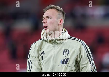 Marek Rodák #1 de Fulham pendant l'échauffement avant le match de la coupe Emirates FA quatrième tour Replay Match Sunderland vs Fulham au stade de Light, Sunderland, Royaume-Uni, 8th février 2023 (photo de Mark Cosgrove/News Images) Banque D'Images