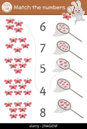 Faites correspondre le jeu de nombres avec des papillons dans le filet. Activité de mathématiques forestières pour les enfants d'âge préscolaire avec des insectes et des lapins mignons. Co. Imprimable éducatif Illustration de Vecteur