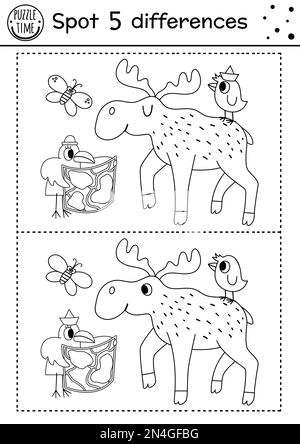 Forêt trouver des jeux de différences pour les enfants. Page d'activités éducatives en noir et blanc et de coloriage avec des orignaux et des oiseaux. Camp d'été ou forêt printa Illustration de Vecteur