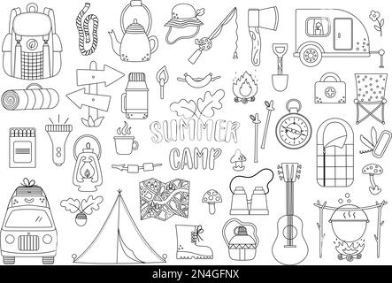 Camp d'été Vector noir et blanc. Camping, randonnée, collecte de matériel de pêche. Extérieur nature tourisme contour icônes pack avec sac à dos, van, r Illustration de Vecteur