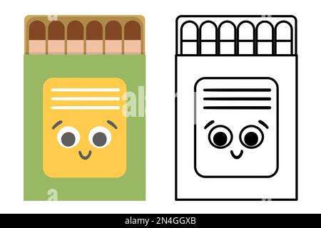 Illustration vectorielle souriante kawaii, boîte de correspondance, en couleur et en noir et blanc. Icône du bâton de gravure. Ensemble de matchstick de style plat. Jolie page de coloriage Illustration de Vecteur