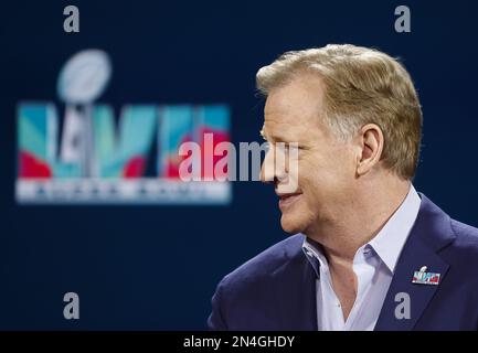 Phoenix, États-Unis. 07th févr. 2023. Le commissaire de la NFL, Roger Goodell, prend la parole mercredi à 8 février 2023 lors d'une conférence de presse du Super Bowl au centre des médias de Phoenix, en Arizona. Les Philadelphia Eagles joueront les Kansas City Chiefs dans le Super Bowl LVII au State Farm Stadium de Glendale, Arizona, dimanche, 12 février 2023. Photo de John Angelillo/UPI crédit: UPI/Alay Live News Banque D'Images