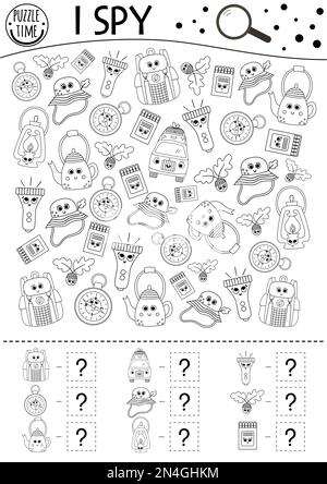 Camping I SPY jeu noir et blanc pour les enfants. Recherche et comptage des activités de contour ou page de coloriage avec équipement de camp d'été. Drôle de travail imprimable Illustration de Vecteur