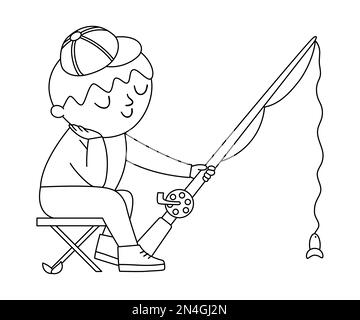 Vector noir et blanc garçon assis sur une chaise pliante et pêche. Décrivez la scène d'activité de feu de camp avec un enfant mignon et une tige. Voyageur isolé sur b blanc Illustration de Vecteur