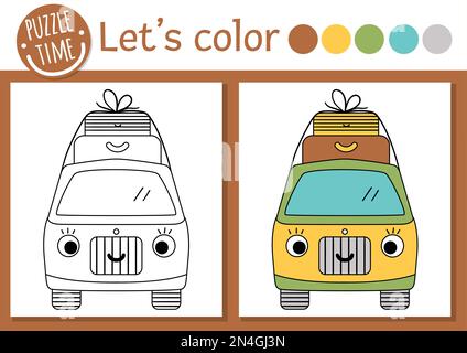 Page de coloriage Camping pour enfants. Une petite camionnette de kawaii avec des valises. Illustration vectorielle de la nature avec un adorable camping-car. Adorable été co Illustration de Vecteur