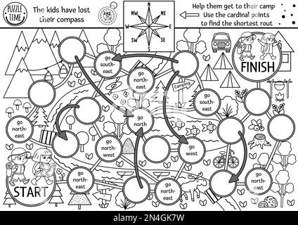 Jeu de dés de camp d'été noir et blanc pour les enfants avec carte, points de compas. Vacances actives contour jeu de société avec les enfants de randonnée vont à la came Illustration de Vecteur