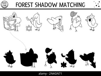 Forêt ou camping noir et blanc ombre assorti activité avec les animaux mignons. Route voyage esquisse puzzle avec des oiseaux, corbeau. Trouvez la silhouette correcte Illustration de Vecteur