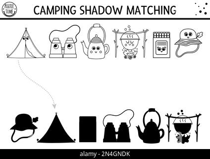 Noir et blanc camp d'été ombre d'activité assortie avec le joli matériel de camping kawaii. Casse-tête de voyage en famille nature. Trouvez le silhouett correct Illustration de Vecteur