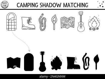 Noir et blanc camp d'été ombre d'activité assortie avec le joli matériel de camping kawaii. Casse-tête de voyage en famille nature. Trouvez le silhouett correct Illustration de Vecteur