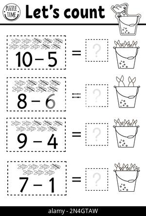 Combien de poissons noir et blanc de jeu avec les poissons mignons dans le seau. Activité de soustraction mathématique d'été. Feuille de calcul ou coloration imprimable Illustration de Vecteur