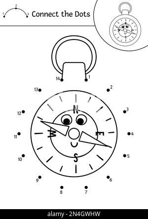 Camping vectoriel point à point et activité de couleur avec une jolie boussole touristique kawaii. Camp d'été connecter le jeu de points pour les enfants. Drôle adorable route tri Illustration de Vecteur