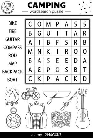 Camping noir et blanc vectoriel wordsearch puzzle. Simple forêt camp d'été contour mots croisés ou page de coloriage. Activité pédagogique par mot-clé avec les enfants Illustration de Vecteur