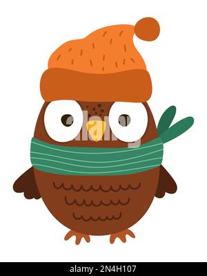 Chouette hibou en chapeau orange et foulard vert. Oiseau d'automne vectoriel isolé sur fond blanc. Icône d'animal de la forêt de la saison d'automne pour l'impression, carte postale. Drôle Illustration de Vecteur