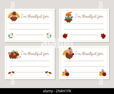 Ensemble de cartes de Thanksgiving Vector. Je suis reconnaissant pour la collection de modèles horizontaux avec la dinde mignonne, la citrouille, la chouette, le hérisson. Cadres automnaux Illustration de Vecteur