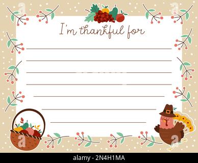 Carte de Thanksgiving Vector. Je remercie pour le modèle de lettre horizontal avec la dinde mignonne, panier avec des pommes, récolte de fruits. Motif vacances d'automne Illustration de Vecteur