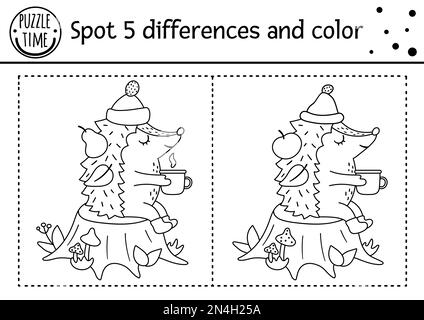 Automne trouver des différences jeu pour les enfants. Page d'activités éducatives et de coloriage en noir et blanc avec hérisson assis sur une souche avec une tasse. Mer d'automne Illustration de Vecteur