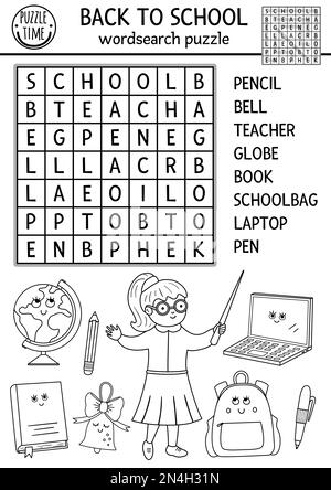 Vecteur noir et blanc retour à l'école wordsearch puzzle pour les enfants. Simple texte de contour d'automne ou page de coloriage. Activité de mot-clé éducatif avec Illustration de Vecteur