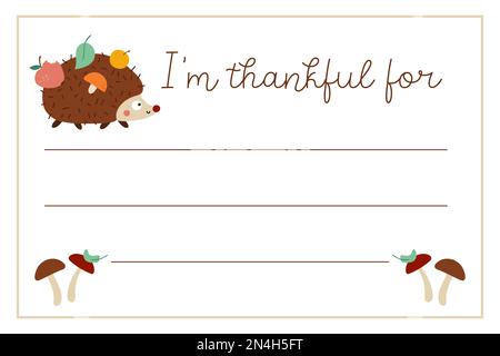 Carte de Thanksgiving Vector. Je remercie pour le modèle de lettre horizontal avec la dinde mignon, hibou, hérisson. Cadres automnaux pour enfants. Illustration de Vecteur