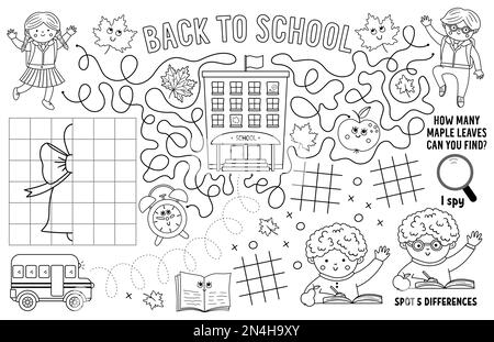 Scénario de retour à l'école placarat pour les enfants. Tapis d'activité imprimable d'automne avec labyrinthe, cartes de pointe tuc TIC, connecter les points, mots croisés. Noir et blanc autum Illustration de Vecteur