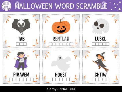 Cartes d'activités vectorielles Halloween Word Scramble. Jeu de langue anglaise avec sorcière mignonne, lanterne, vampire pour les enfants. Quiz de vacances automnales en famille. Simp Illustration de Vecteur