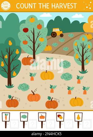 Jeu de comptage d'automne avec récolte dans le jardin ou le champ. Activité mathématique d'automne ou de Thanksgiving pour les enfants d'âge préscolaire. Travail simple et imprimable sur le thème de la ferme Illustration de Vecteur