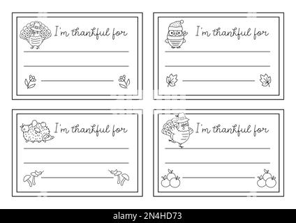 Ensemble de cartes de Thanksgiving noir et blanc vectoriel. Je remercie pour la collection de modèles de ligne horizontale avec la dinde mignon, la citrouille, la chouette, hérisson. Automne o Illustration de Vecteur