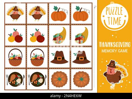 Cartes de jeu à mémoire Vector Thanksgiving avec de mignons symboles de vacances traditionnels. Activité de correspondance d'automne. Rappelez-vous et trouvez la carte correcte. Simple automne pri Illustration de Vecteur