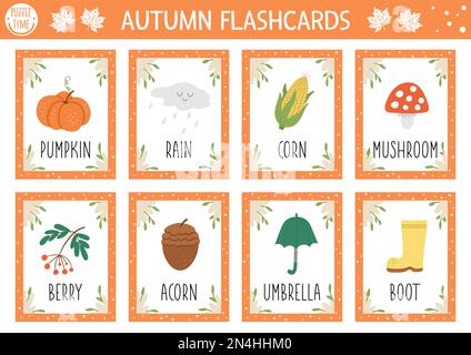 Jeu de cartes flash Vector automne. Jeu de langue anglaise avec mignon citrouille, champignon, parapluie, glands pour les enfants. Cartes de la saison d'automne. Formation simple Illustration de Vecteur