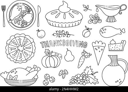 Ensemble de desserts et de plats traditionnels noir et blanc Vector Thanksgiving. Joli dessin illustrant un repas de vacances d'automne. Collection de la gamme de produits alimentaires d'automne W Illustration de Vecteur