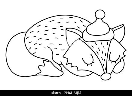 Joli renard noir et blanc en chapeau. Vecteur contour caractère d'automne isolé sur fond blanc. Icône de la ligne d'animaux boisés de la saison d'automne. Drôle Illustration de Vecteur