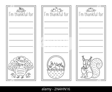 Ensemble de cartes de Thanksgiving noir et blanc vectoriel. Je remercie pour la collection de modèles de ligne verticale avec la dinde mignon, la citrouille, la chouette. Hologramme d'automne Illustration de Vecteur