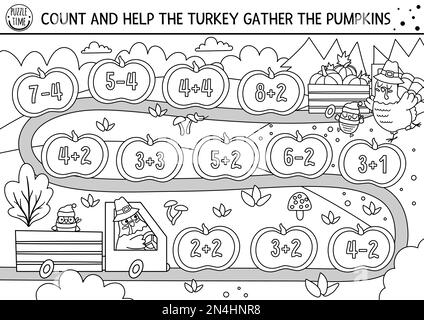 Jour de Thanksgiving jeu de dés de comptage noir et blanc pour les enfants avec la dinde mignon conduite d'une voiture avec des citrouilles. Jeu de société automnal Line Holiday WIT Illustration de Vecteur