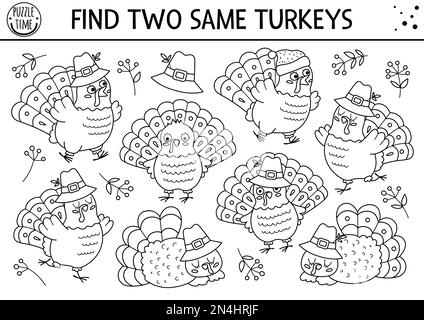 Trouver deux mêmes dindes. Action de Thanksgiving en noir et blanc pour les enfants. Fiche de quiz d'automne amusante pour les enfants pour les compétences d'attention. Si Illustration de Vecteur