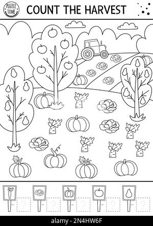 Automne jeu de comptage noir et blanc avec récolte dans le jardin ou le champ. Activité mathématique d'automne ou de Thanksgiving. Simple imprimable sur le thème de la ferme Illustration de Vecteur