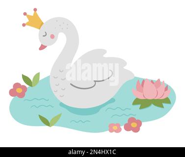 Princesse cygne vecteur de conte de fées. Oiseau fantaisie dans la couronne dans l'étang avec l'eau lys isolé sur fond blanc. Caractère animal de conte de fées. La magie du dessin animé Illustration de Vecteur